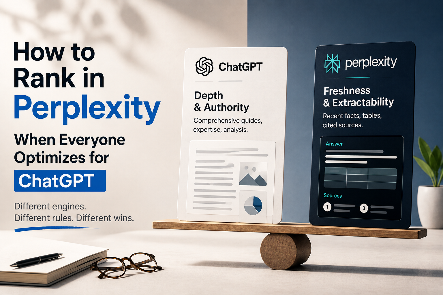 Split diagram comparing ChatGPT long-form citation vs Perplexity short table citation with citation share metrics